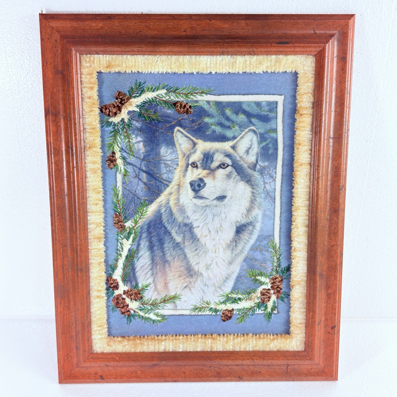 VTG Hand Stitched Needlework Framed Art Northern Wolf & Pinecones 20x16