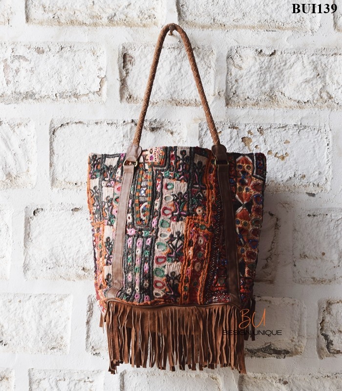 Vintage Banjara Fringe Tote Bag Embroidered Leather Suede Boho Handbag Zip