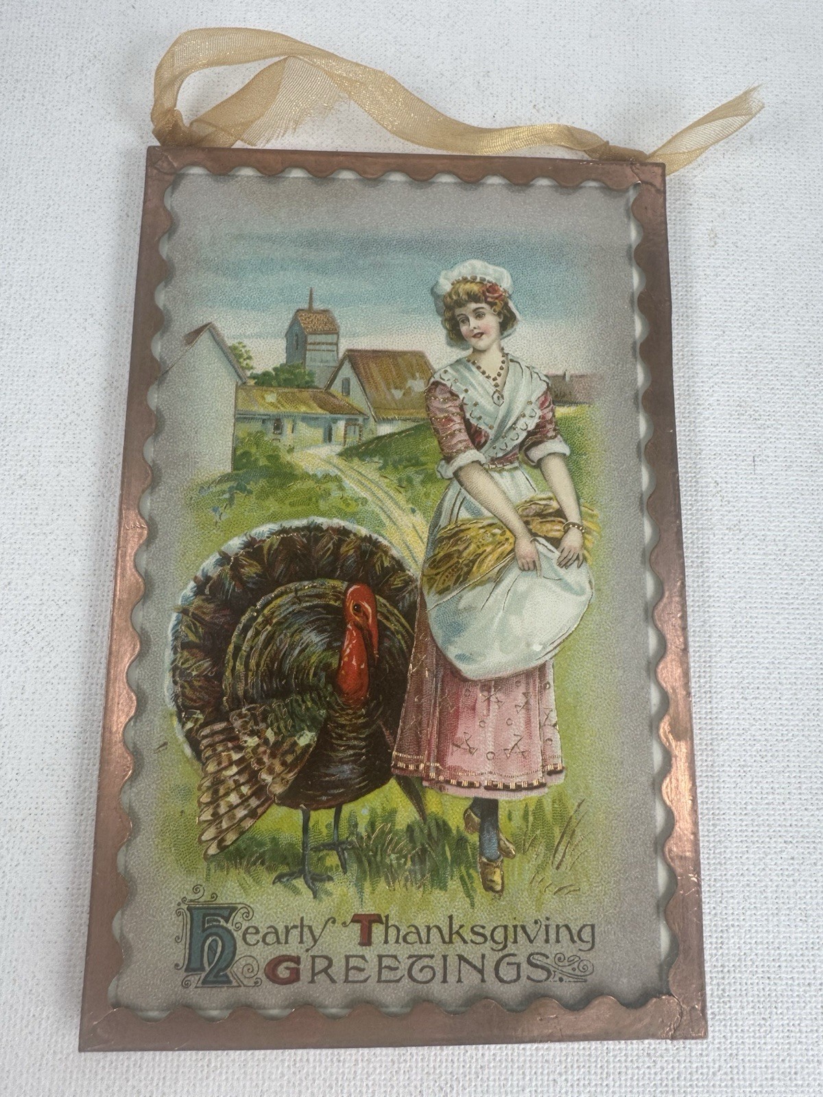 Antique 1909 Thanksgiving Postcard Turkey Lady Germany Framed Hearty Greetings