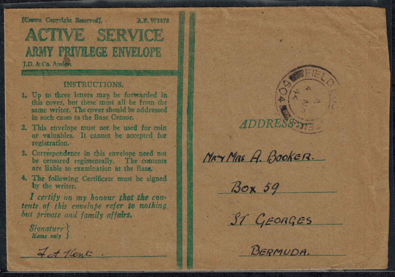 Bermuda 1944 Active Service Army Privilege Envelope for Armed Forces to Bermuda