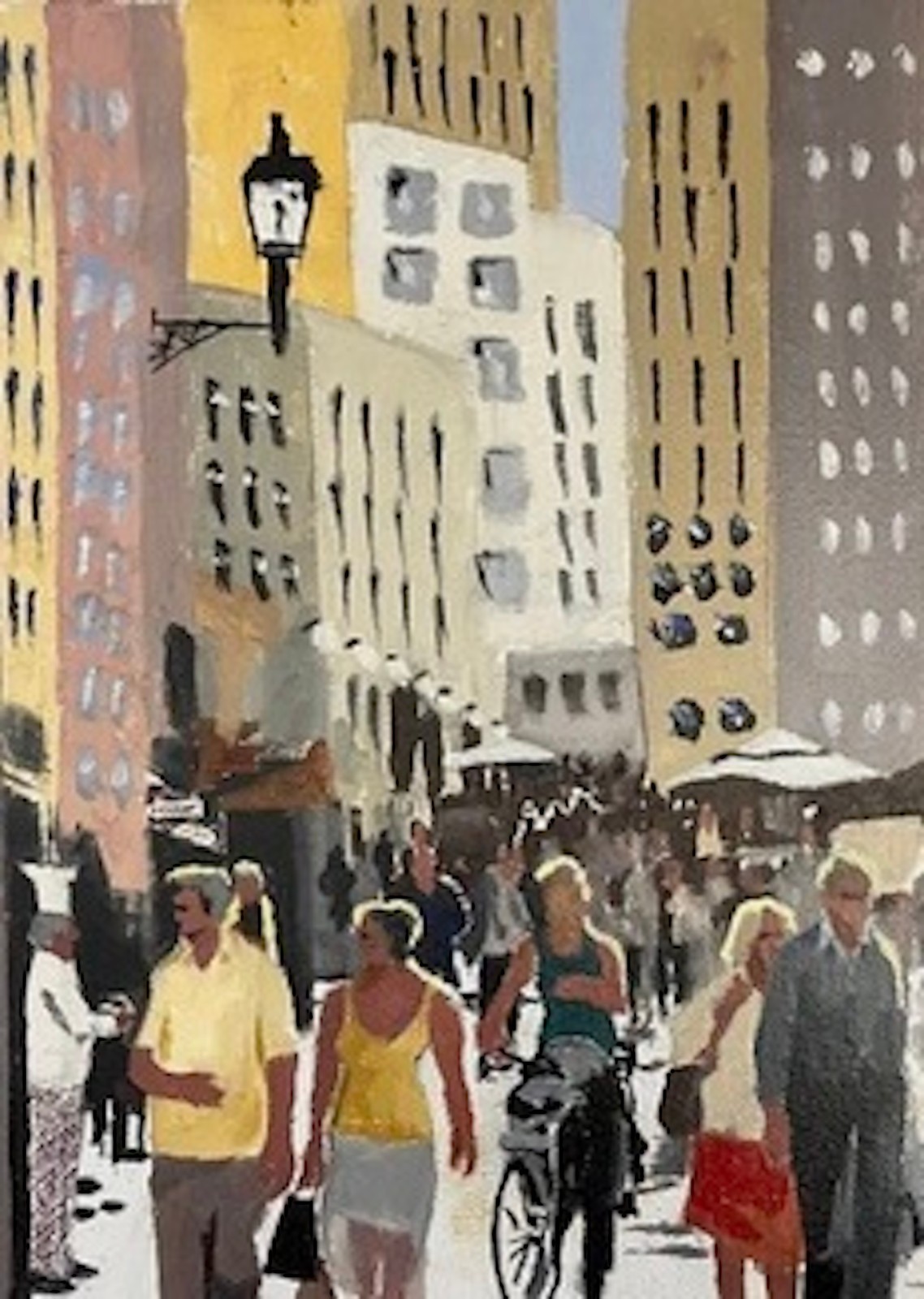 Painting in oils original on canvas showing a bustling shopping day in Europe.