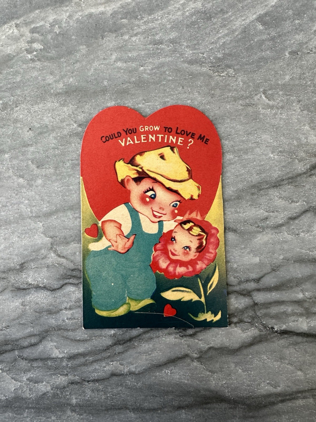 Rare Vintage Valentine Farmer Boy Anthropomorphic Pretty Pink Flower Girl Garden Rare Vintage Valentine Farmer Boy Anthropomorphic Pretty Pink Flower Girl Garden