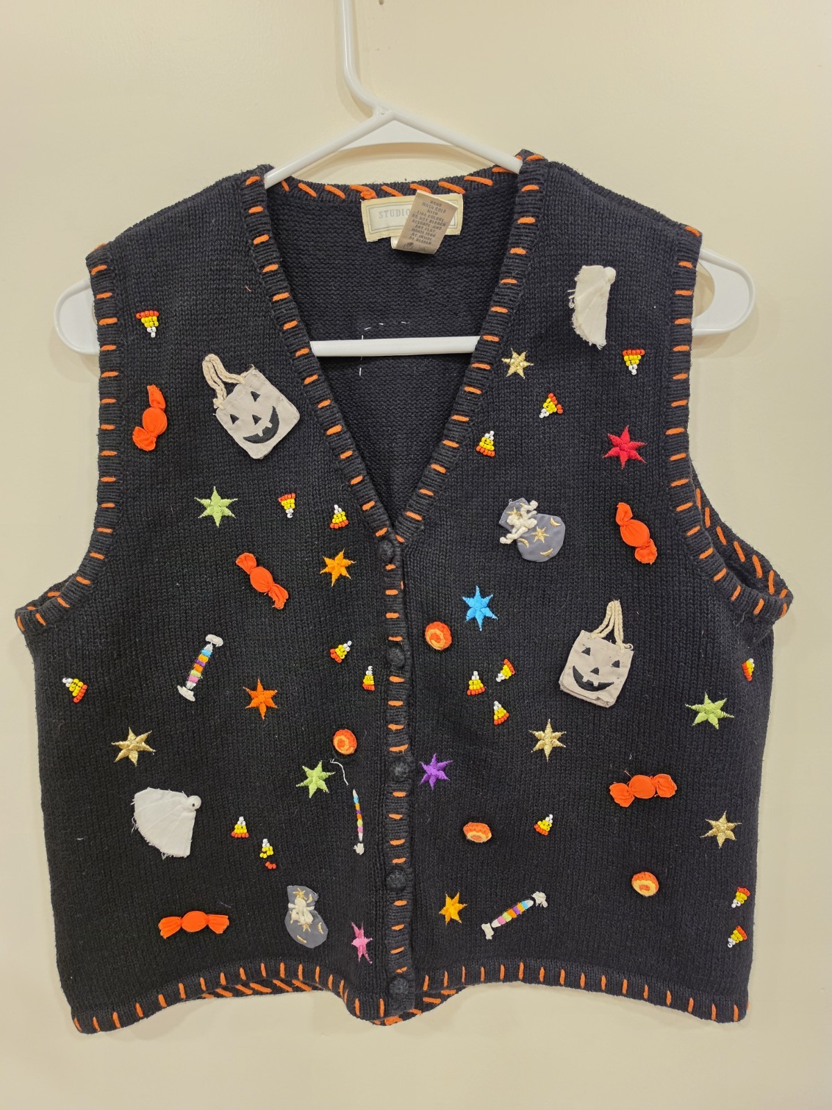 Vintage Studio Works Halloween Zip Up Vest Petite MD Spooky Kitsch Grandmacore