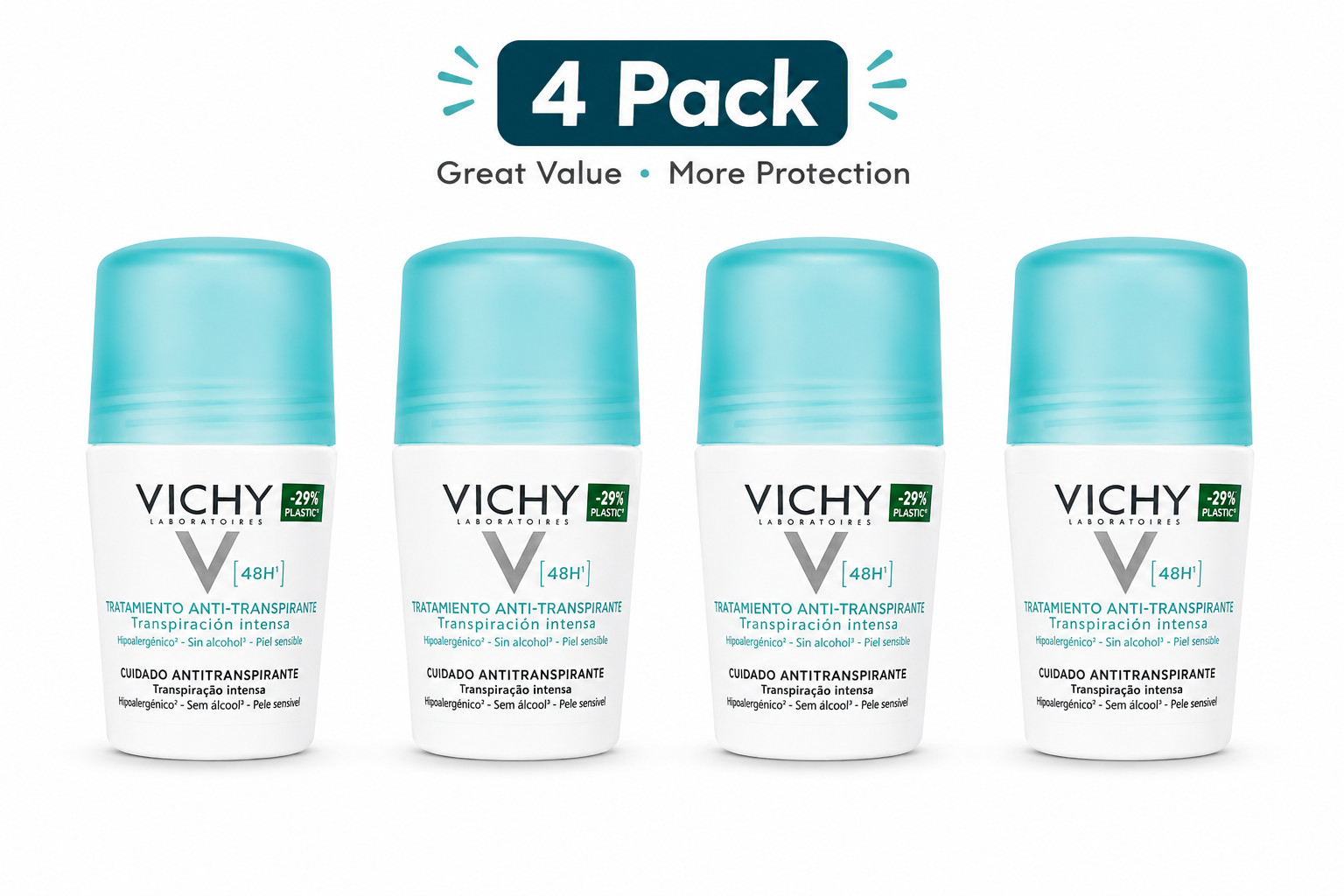 Vichy 48H Intense Anti-Perspirant Roll-On Deodorant Sensitive Skin 4pack x 200ml