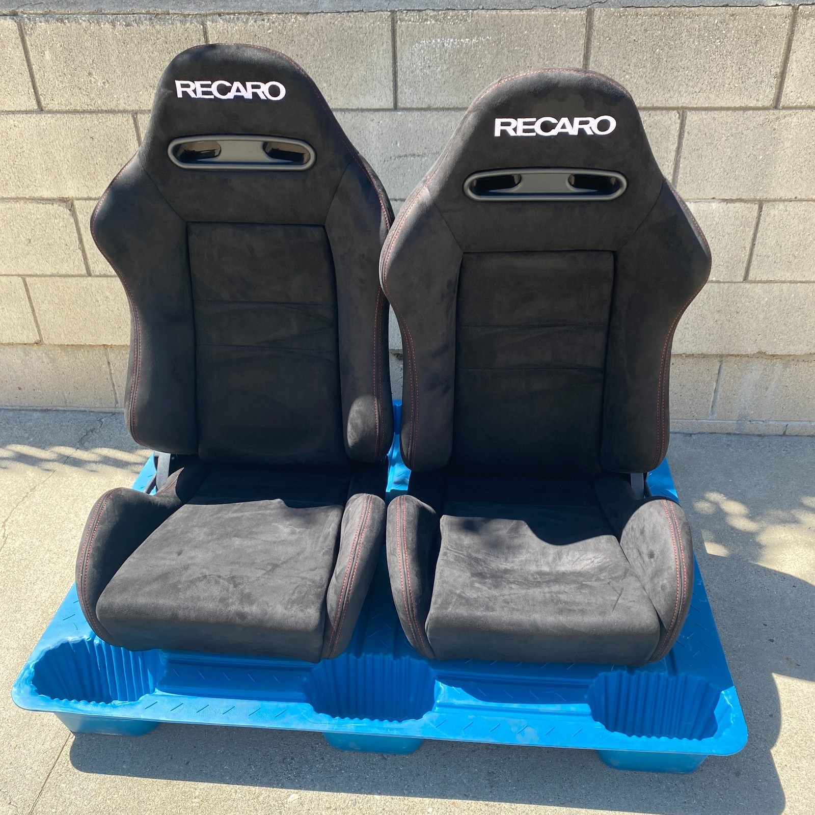 Pair Recaro SR3 Style BLACK Suede Recliner Bucket Racing Seats Universal New Set