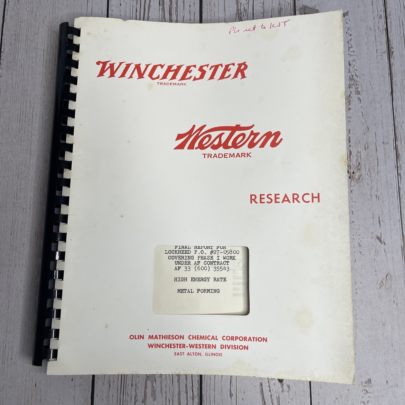 Vtg Olin Winchester Ammunition Final Report Project 1958 Book Pamphlet Booklet