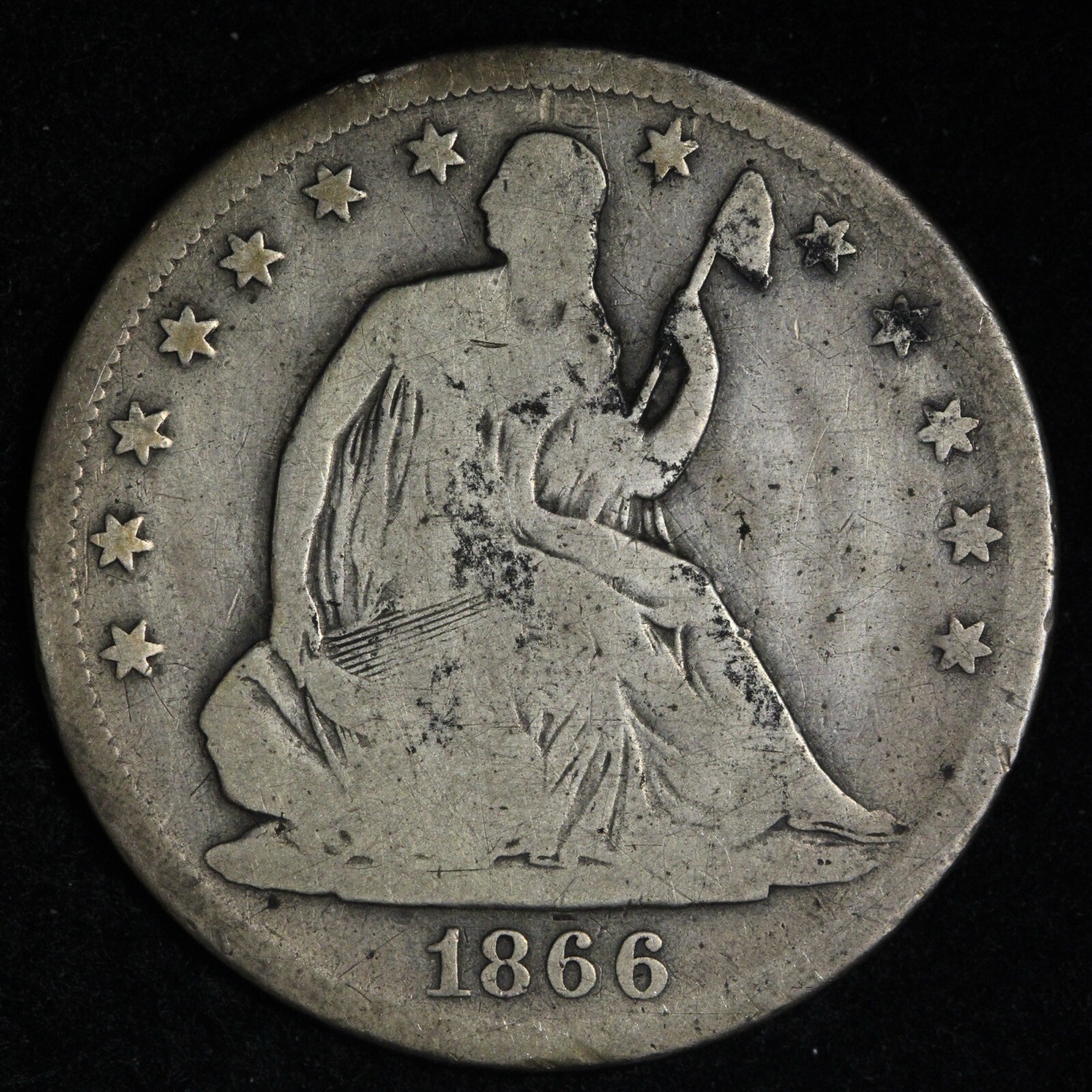 1866-S W/ Motto Seated Liberty Half Dollar FINE E912 UPM