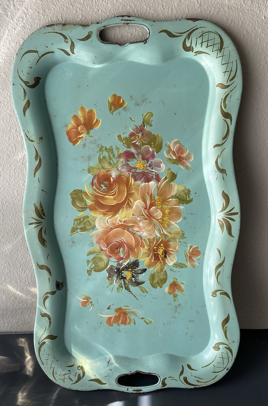 Vtg. Hand Painted Metal Tole Tray/Toleware XL Size 14 x 24 Turquoise