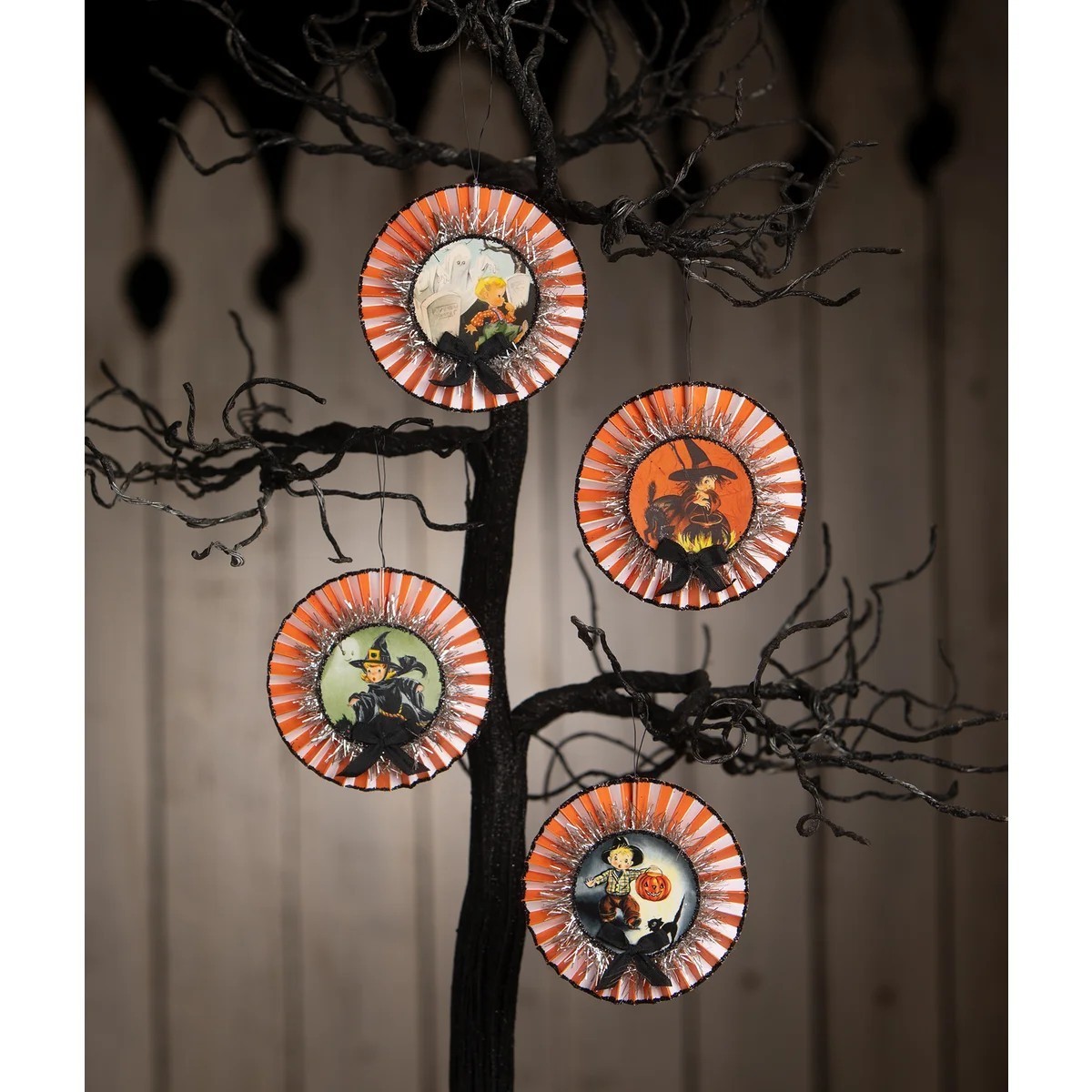 New Bethany Lowe Halloween Set of 4 Retro Rosettes Ornaments TL4358 Ships Free New Bethany Lowe Halloween Set of 4 Retro Rosettes Ornaments TL4358 Ships Free