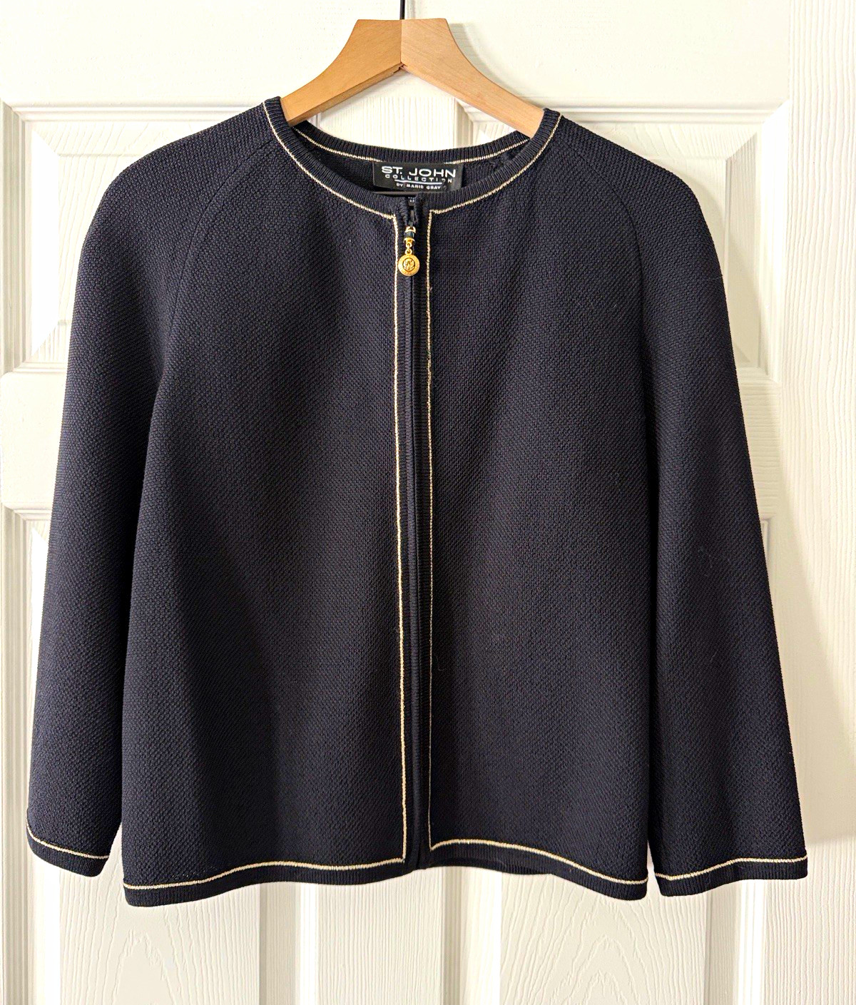 Vintage St. John Black Knit Cardigan Jacket with Gold Trim - Size 6