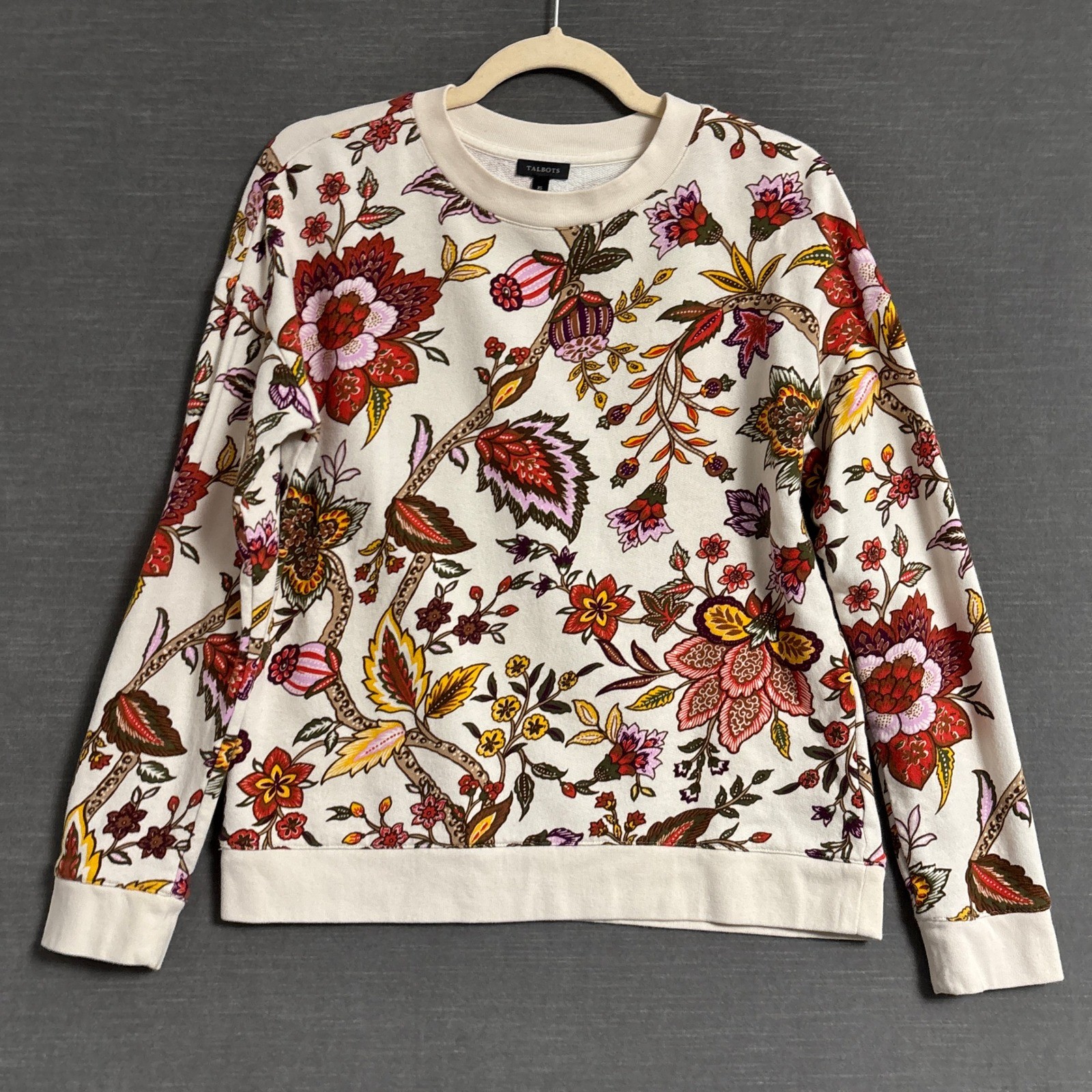 Talbots Sweatshirt XS Cream Maroon Floral Cotton French Terry Crewneck Top Fall