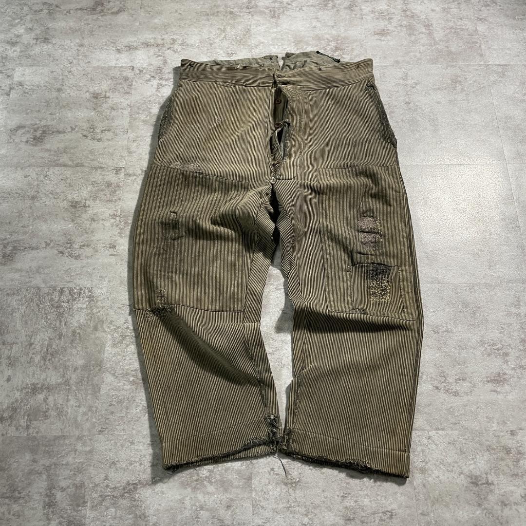 1930s-1940s Men\'s Moss Green Cotton Pique Work Pants Patchwork Needle Cinch Back