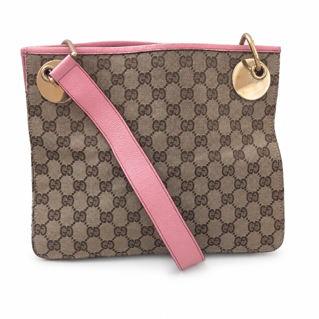 Gucci GG Monogram Zip Shoulder Bag Pink Strap Gold Hardware Inner Pockets