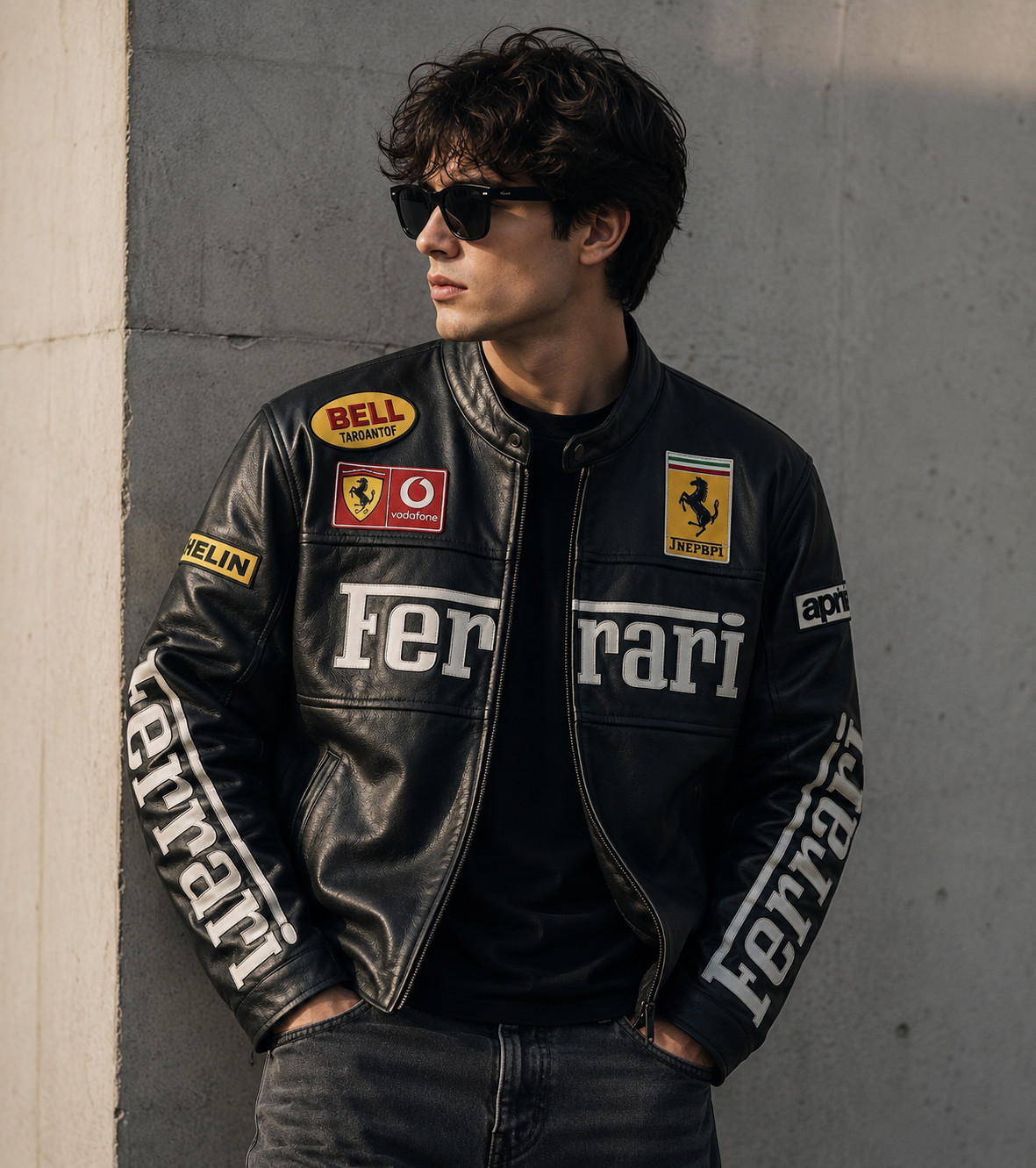 Men's Black & Red Ferrari Embroidered Vintage F1 Racing Leather Motorbike Jacket Men's Black & Red Ferrari Embroidered Vintage F1 Racing Leather Motorbike Jacket
