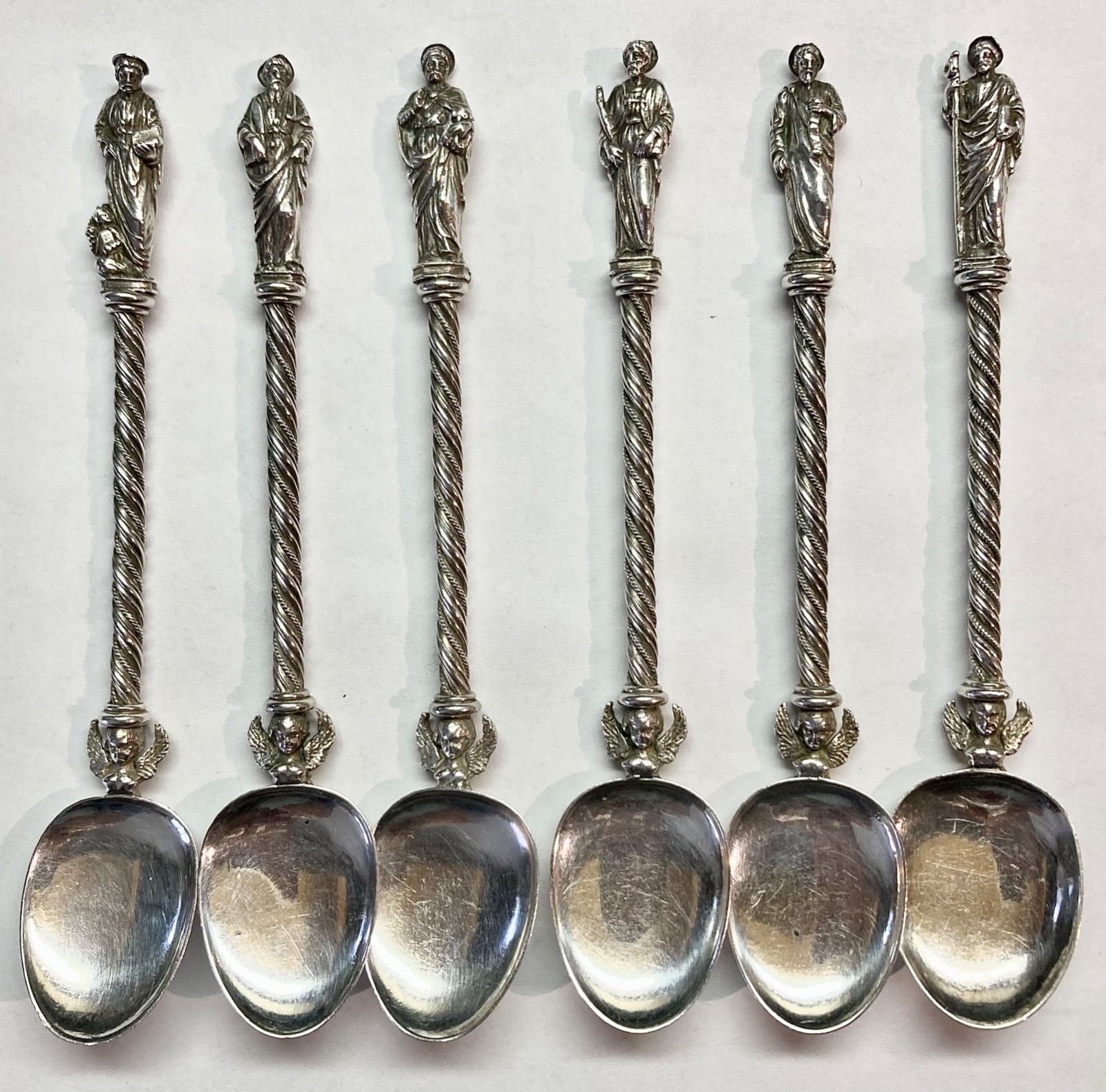 Six antique silver Apostle spoons, Italy, 5 in., cast figural finials of saints
