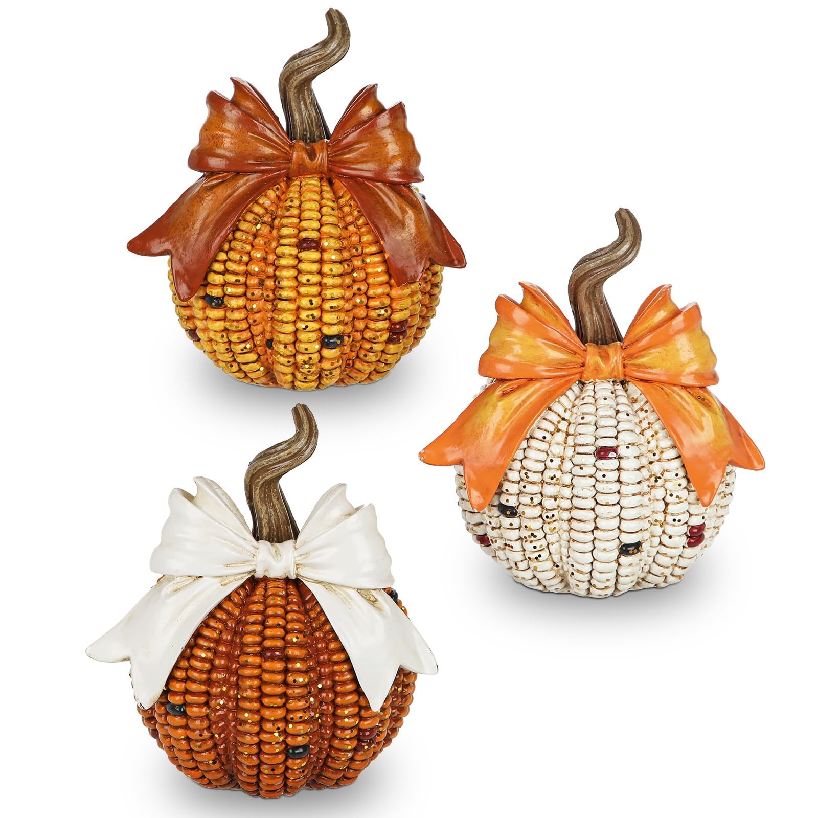 3-Piece Resin Corn Pumpkin Set with Bows Fall Decor