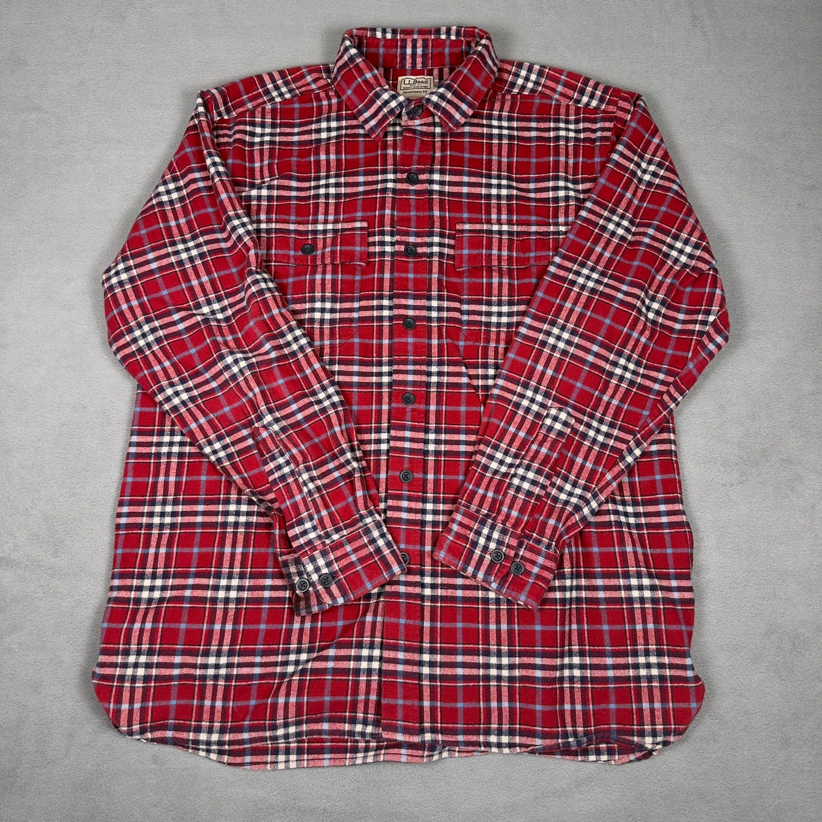 LL Bean Mens Large Red Plaid Flannel Shirt Traditional Fit Cotton Button Down