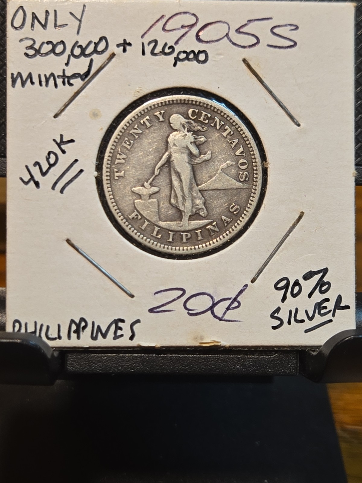 RARE 1905-S Philippines 20 Centavos .750 Silver Coin Key Date 420,000 Mintage