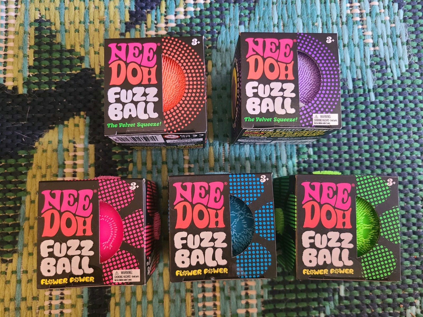 Schylling Nee Doh Needoh Fuzz Ball Lot of 5 Set Green Purple Blue Orange & Pink