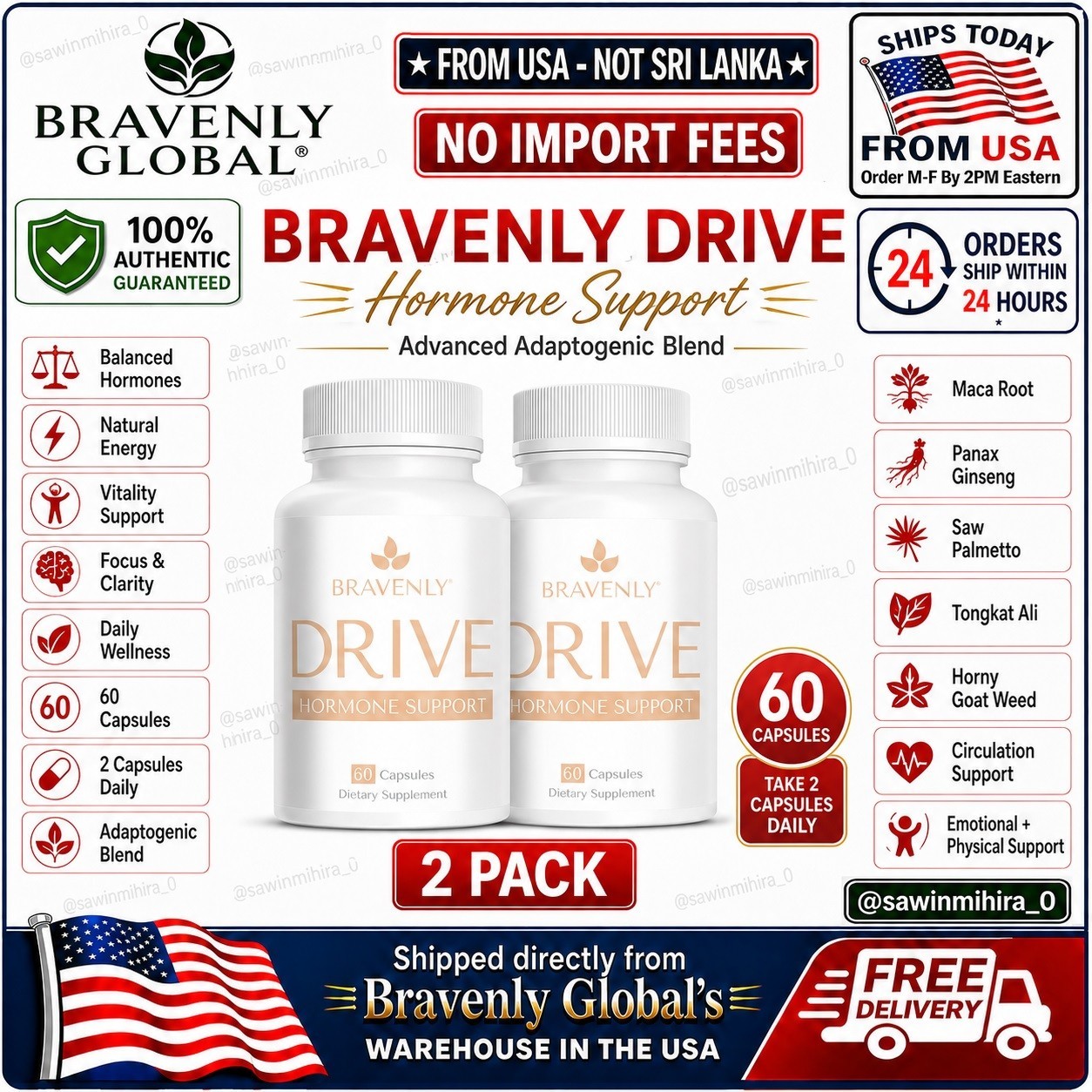 2x Bravenly Drive 60 Capsules Maca TongkatAli Vitality Support SEALED🚚FromUSA🚚