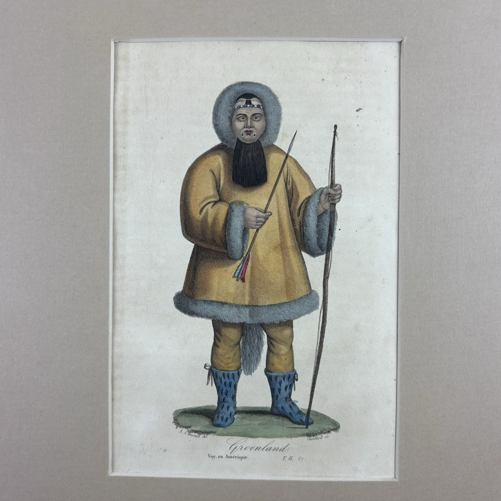 Antique c1844 Hand Colored Engraving Greenland Inuit Hunter Massard Choubard
