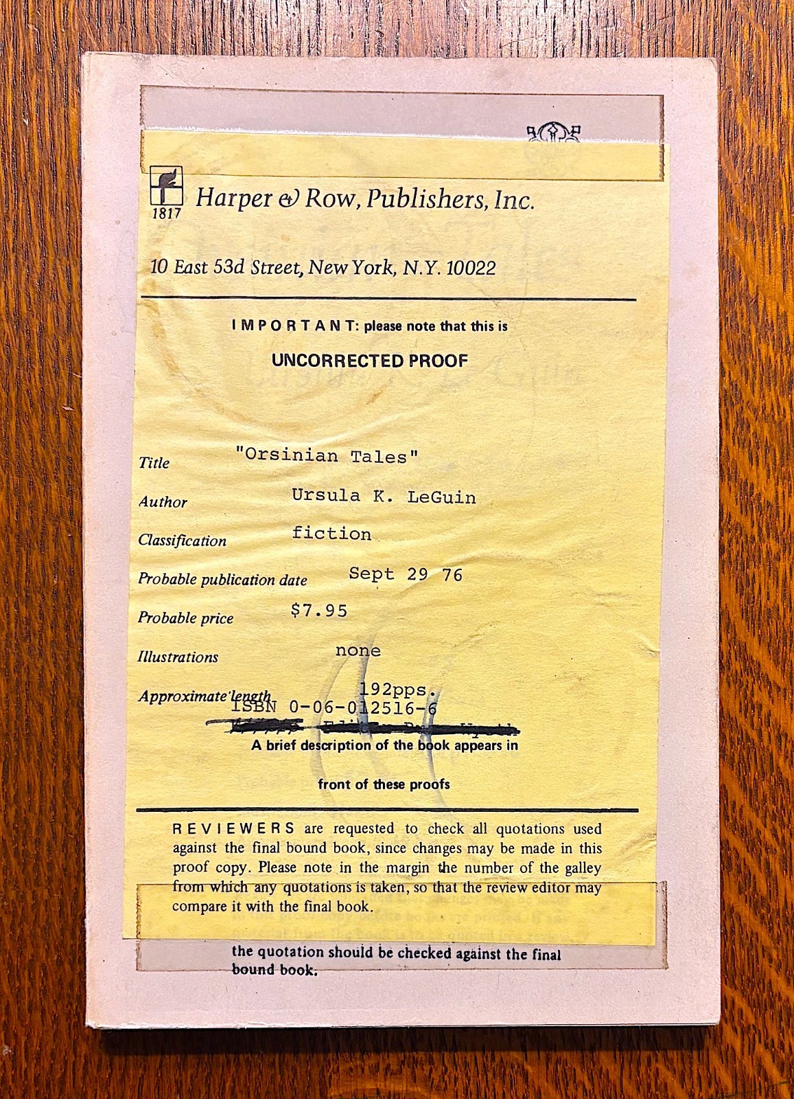Signed UNCORRECTED PROOF ~ Ursula Le Guin ~ ORSINIAN TALES ~ 1976 ARC Pre 1st