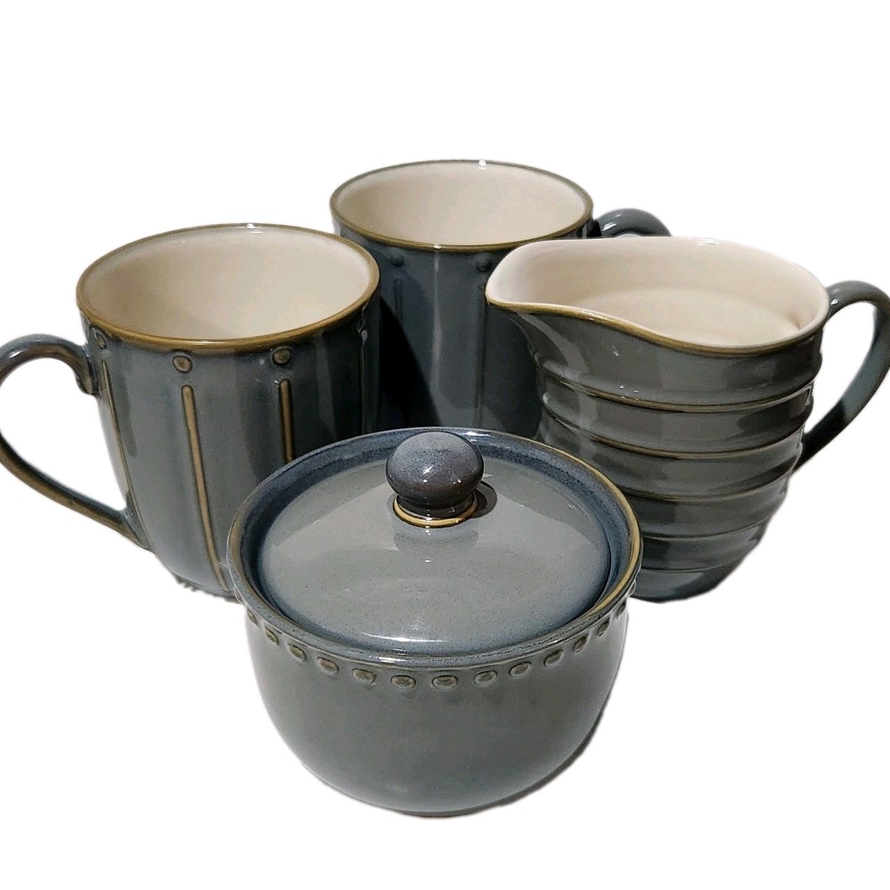 Vintage Dansk Reactic Slate Gray Milk Creamer, Sugar Bowl W/ Lid, and 2 Cups Vintage Dansk Reactic Slate Gray Milk Creamer, Sugar Bowl W/ Lid, and 2 Cups