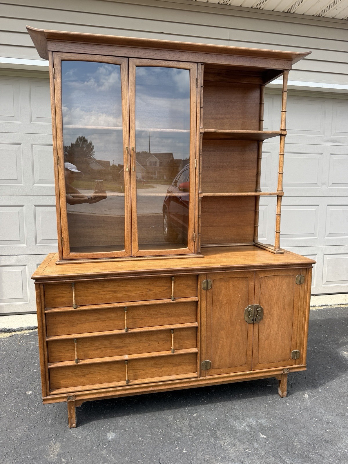 Vintage Faux Bamboo Two Piece China Cabinet Buffet Hutch Local Pickup