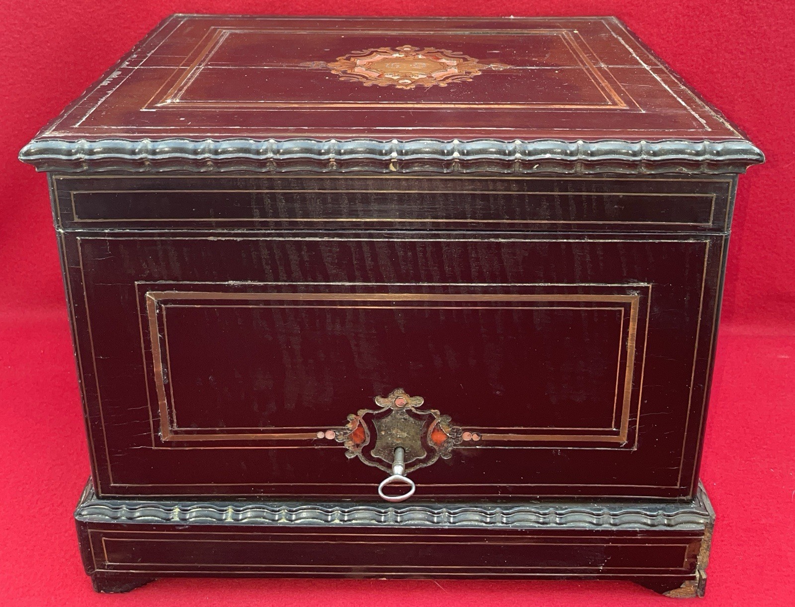 Napoleon III 19th century blackened wood brass mother-of-pearl key liqueur cellar box