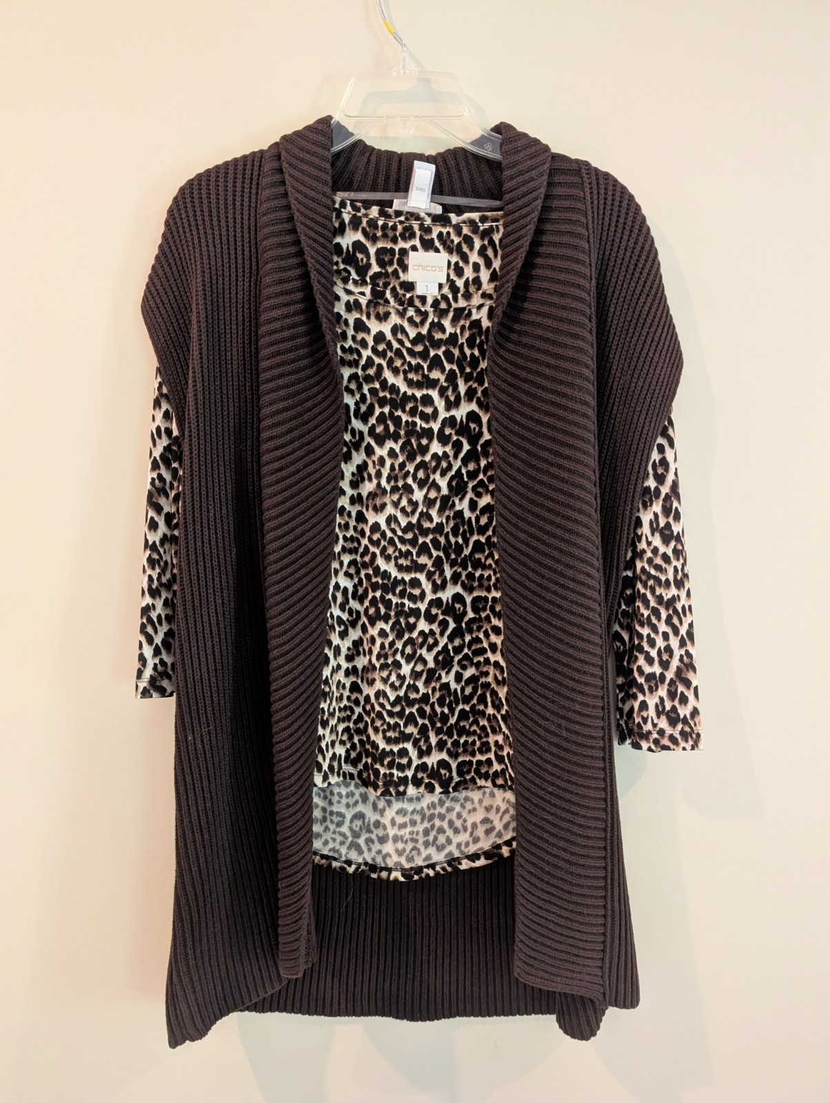 Chico\'s, Size 1, Women\'s Animal Print Top With Brown Cardigan, Outfit Set.