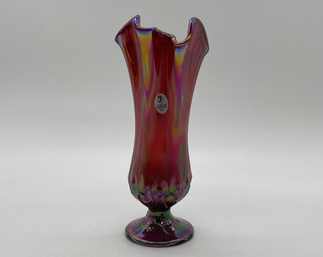 Fenton Lily of the Valley Red Iridescent Ruffled Handkerchief Vase Vintage