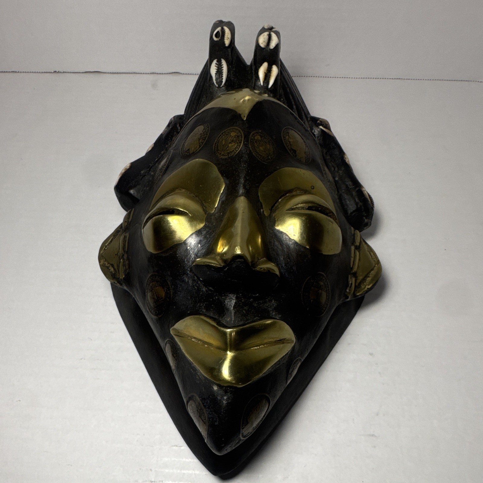 Vintage African Tikar Mask W/ 1920s French Cameroon Mandate Coins Brass Inlay Vintage African Tikar Mask W/ 1920s French Cameroon Mandate Coins Brass Inlay