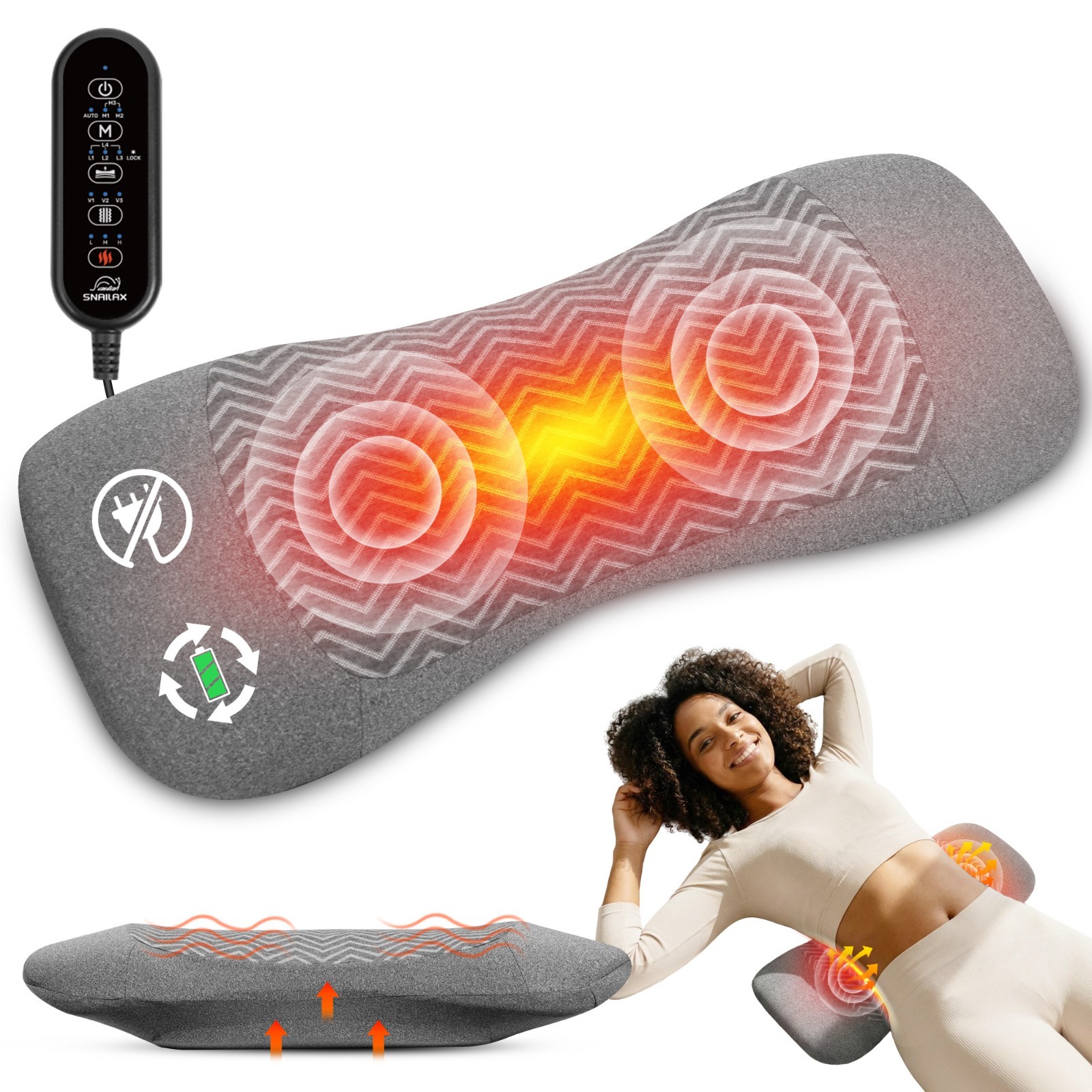 Snailax 3-in-1 Rechargeable Electric Lumbar Support Pillow for Low Back