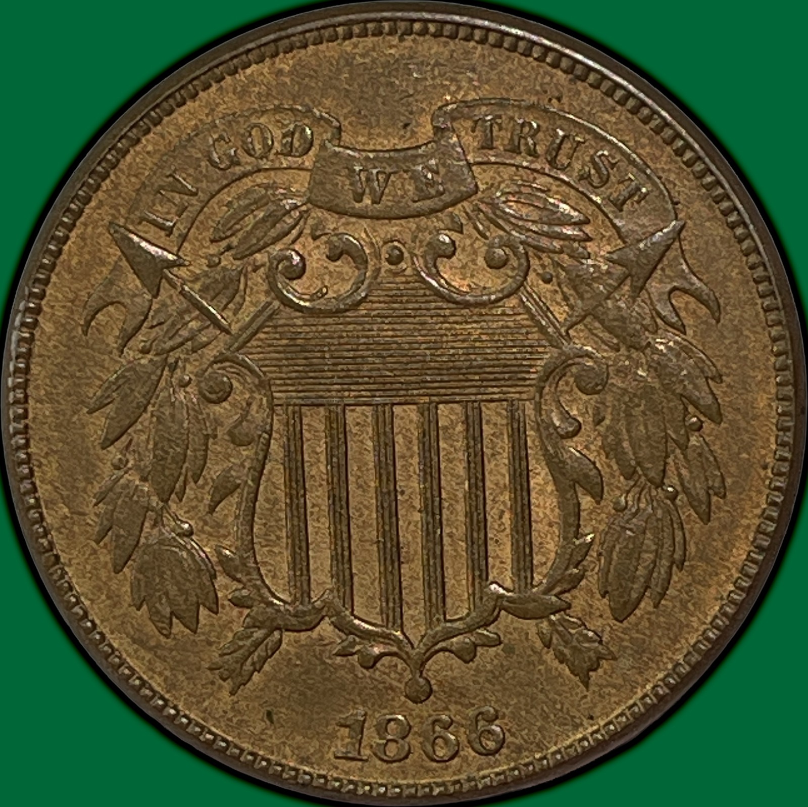 1866 Two Cent Piece Uncirculated UNC Coin, Red Brown #39799