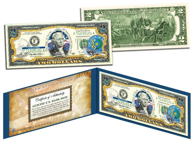 TEXAS Statehood $2 Two-Dollar US Bill TX State *Genuine Legal Tender*