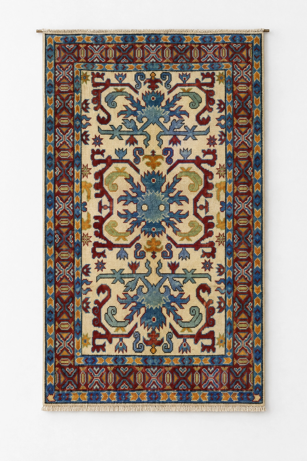 Geometric Tribal Style Kazak Hand-Knotted Wool Accent Rug 3x5 ft Geometric Tribal Style Kazak Hand-Knotted Wool Accent Rug 3x5 ft