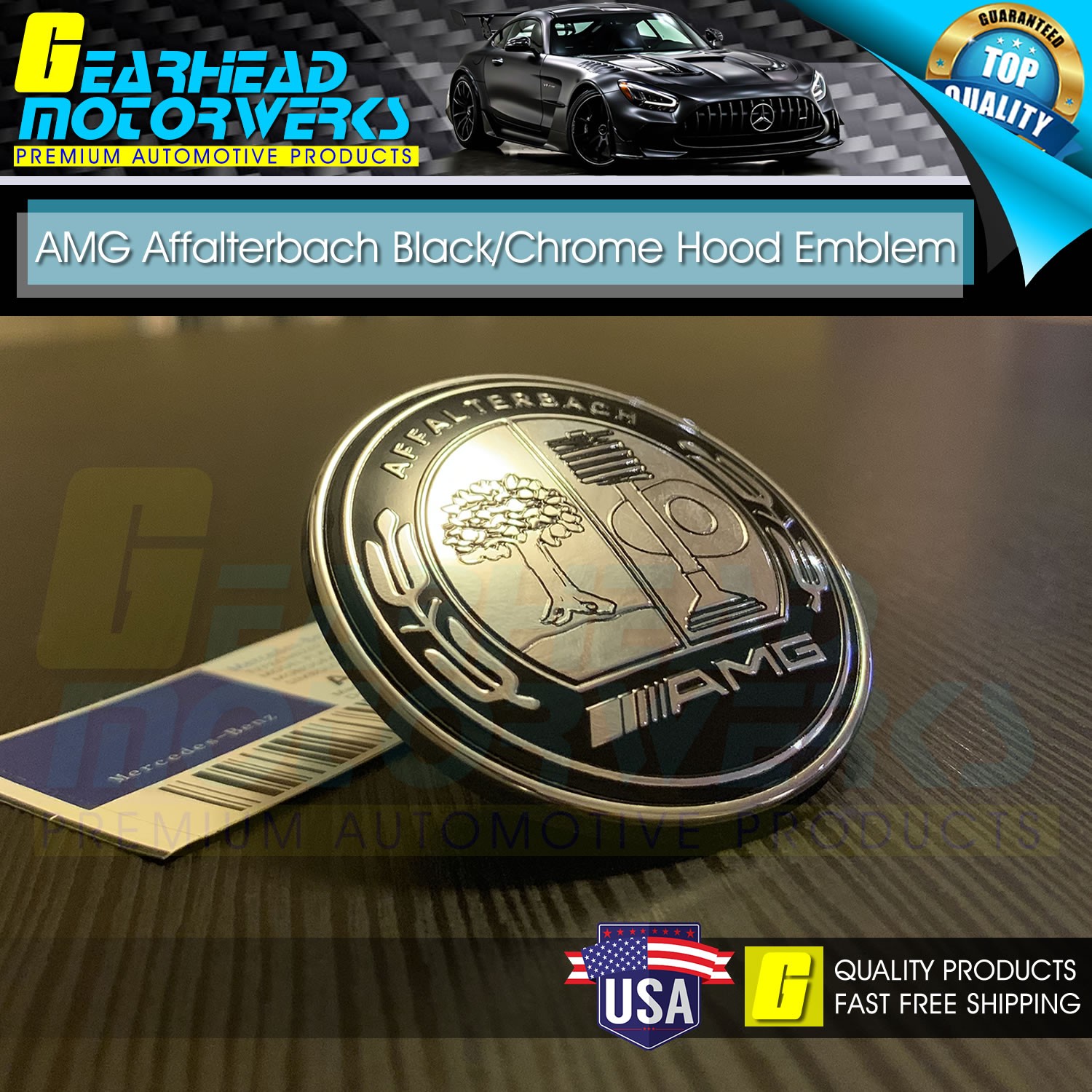AMG Front Hood Emblem Affalterbach Black Chrome Apple Badge Mercedes Benz 57mm
