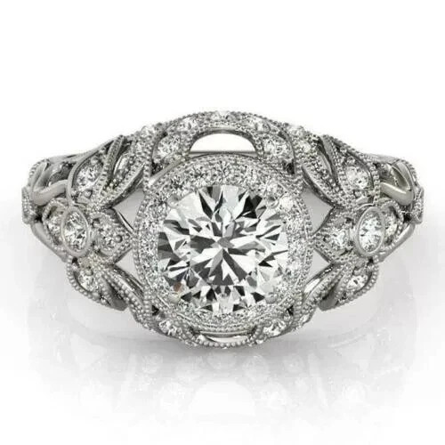 2.3Ct Art Deco Style Round Lab Created Diamond Engagement 14K White Gold FN Ring