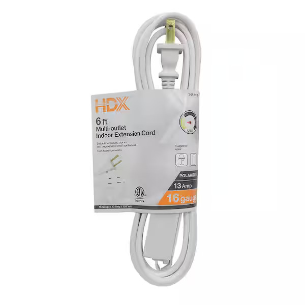 HDX 6 ft 16/2 Indoor Extension Cord White 3 Outlet Light Duty HW1626HDW HDX 6 ft 16/2 Indoor Extension Cord White 3 Outlet Light Duty HW1626HDW