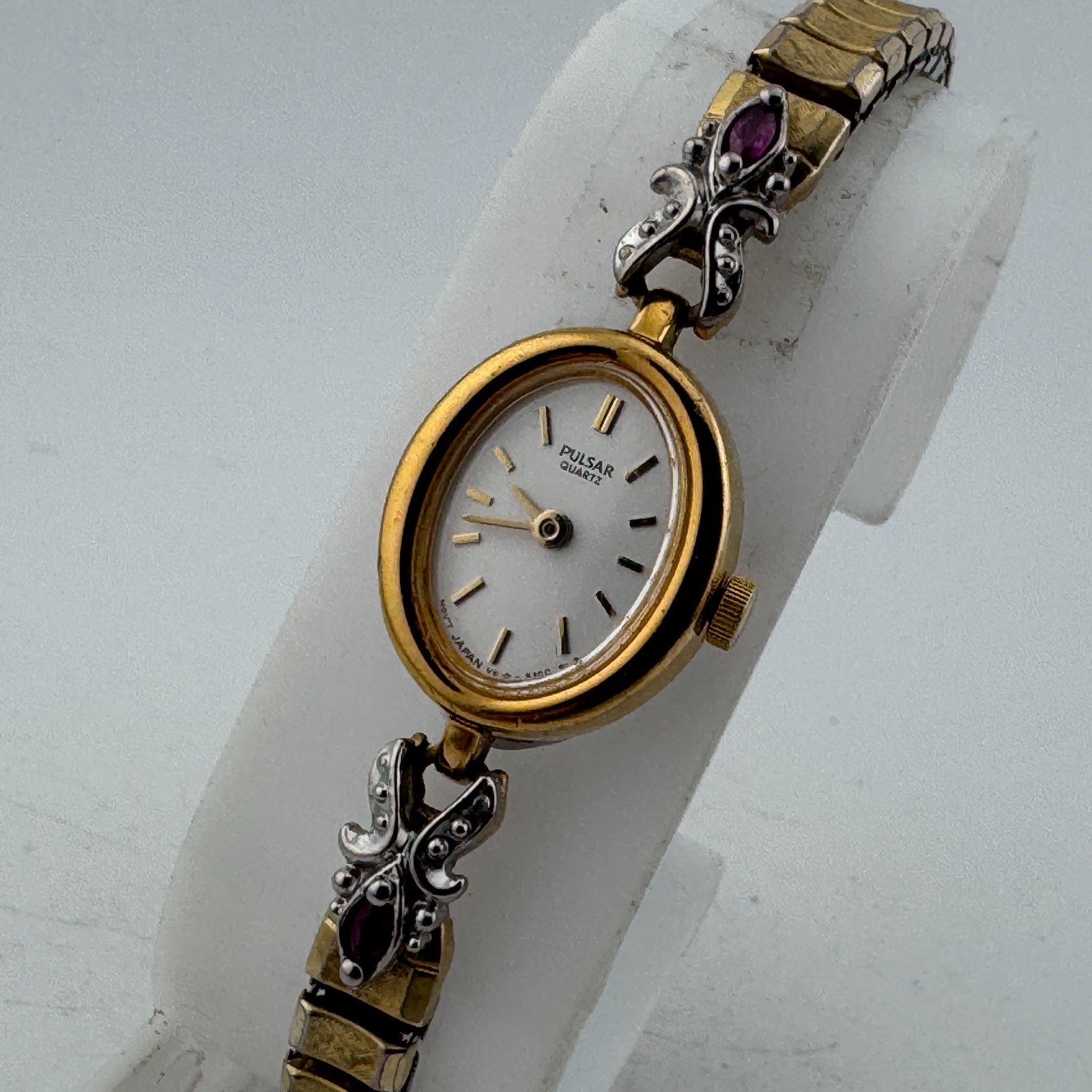 VTG Pulsar Quartz Watch V810-5160 Women Gold Tone Oval Purple Stone New Battery