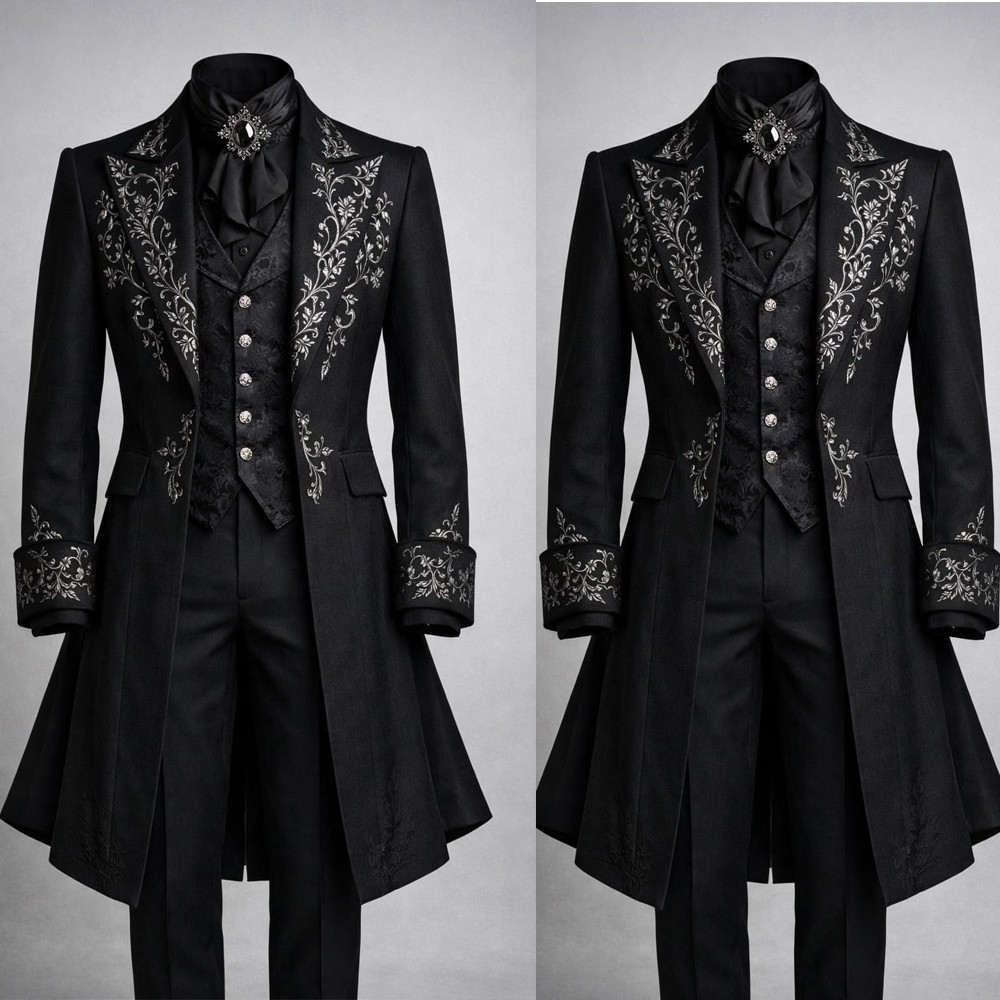 Victorian Gothic Men\'s Suits Long Tailcoat 3 Piece Applique Wedding Groom Party