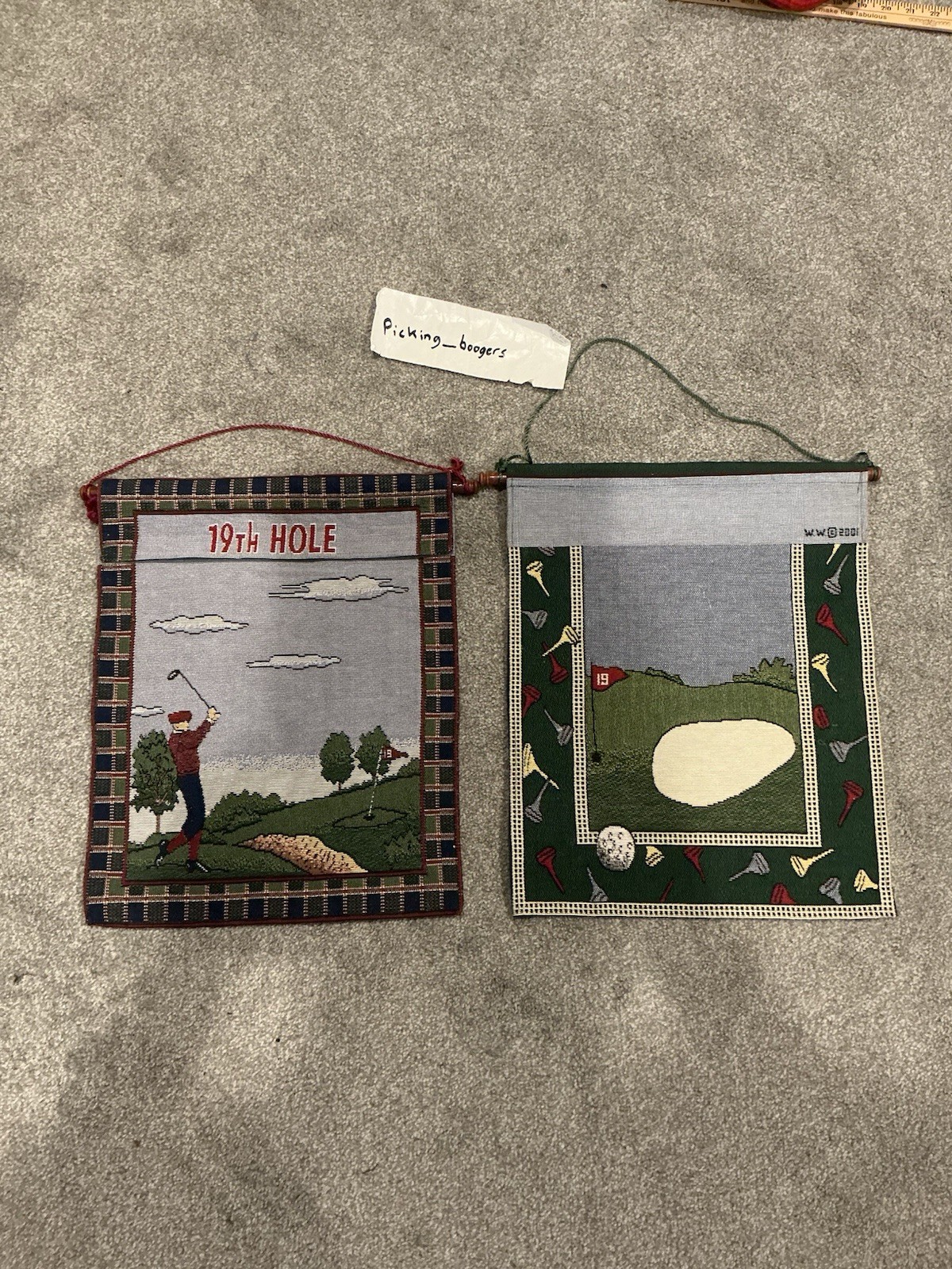 2 Vintage Windham Weavers 19TH Hole embroidered golf house yard flag