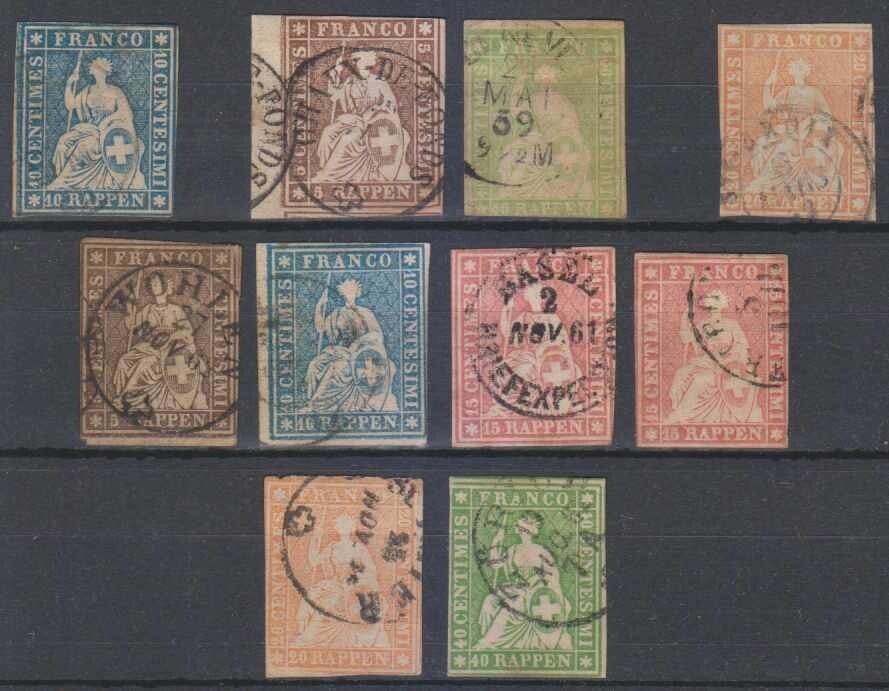 SWITZERLAND 1854-62 Sc 16, 25, 29, 34, 36a, 37, 38, 38a, 39 & 40 USED SCV$917.50