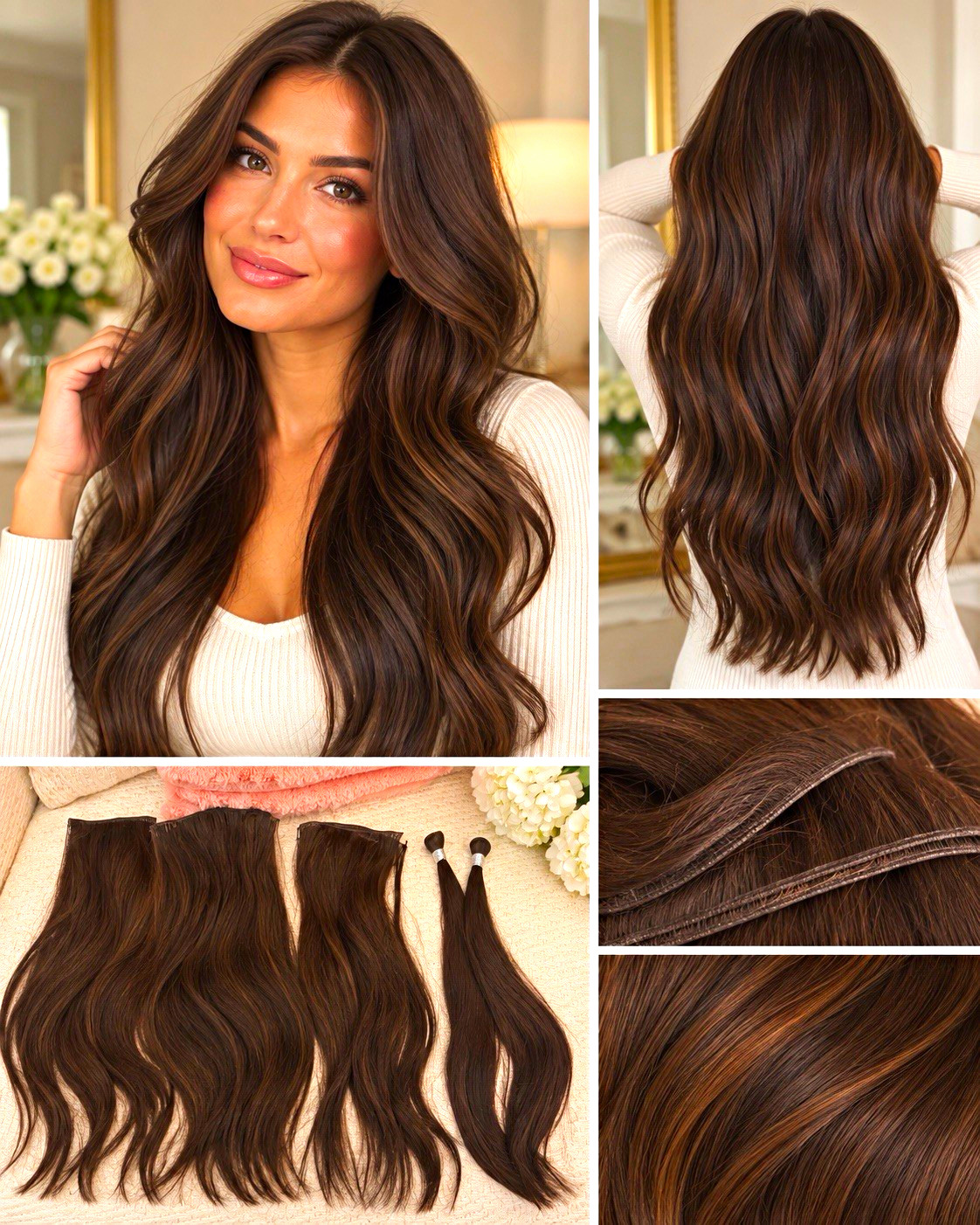 Dark Brown Human Hair Body Wave Wavy Weft Extensions 16 in 6 Pieces