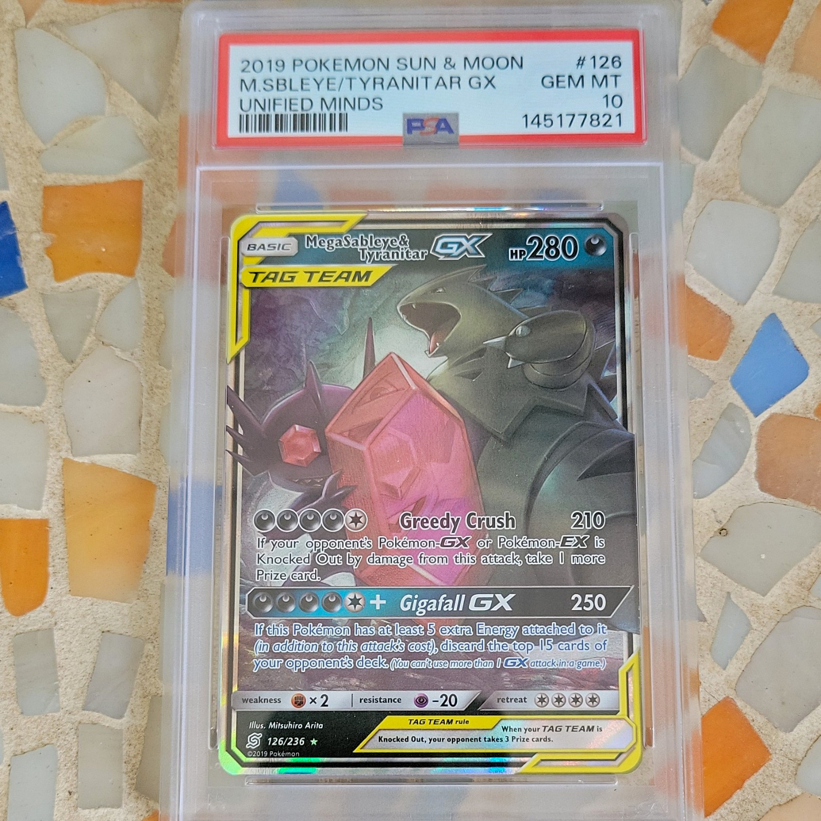 Pokemon Mega Sableye & Tyranitar GX 126/236 Unified Minds Holo English PSA 10