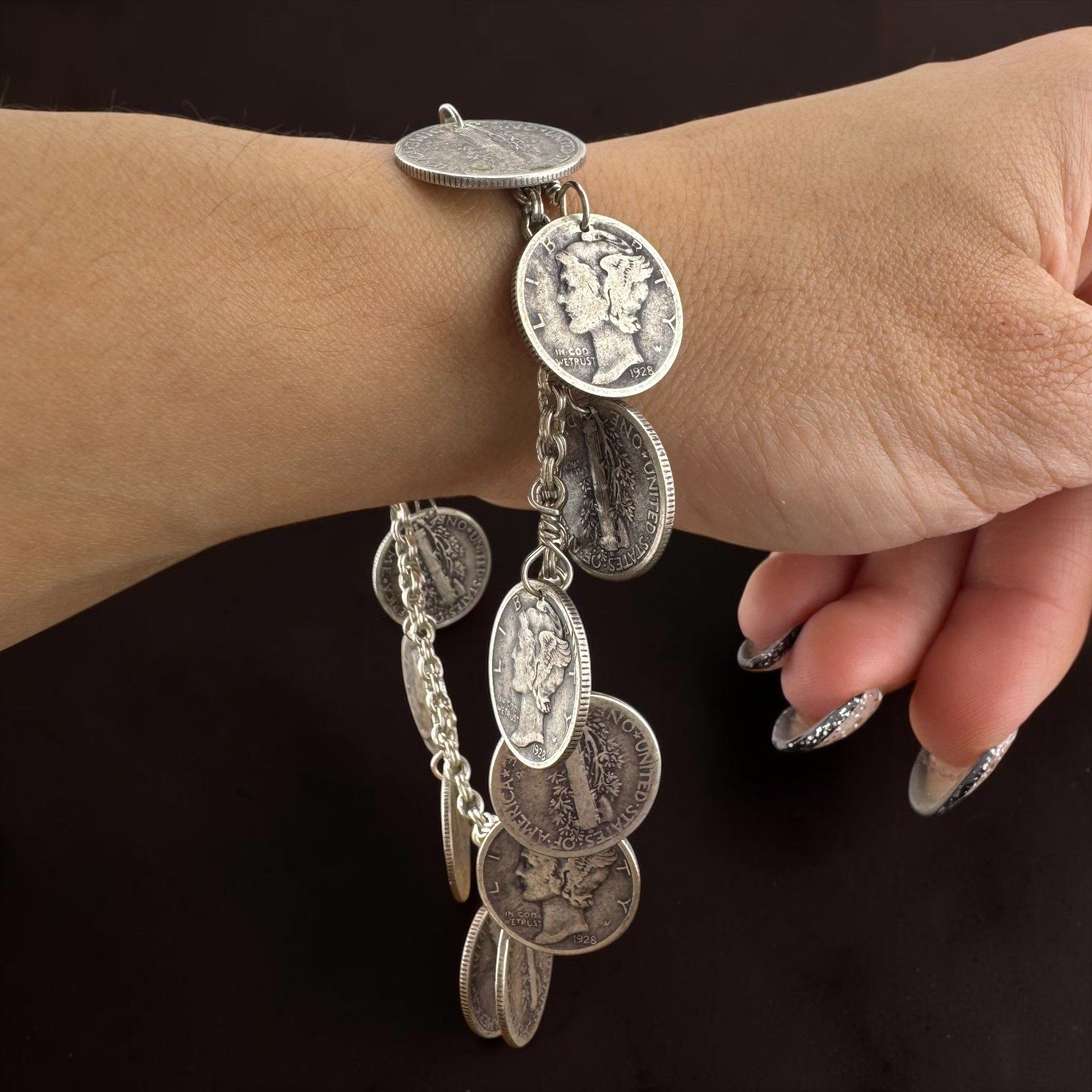 Vintage Sterling Silver 1928 Mercury Dime Coin Bracelet 8.25\