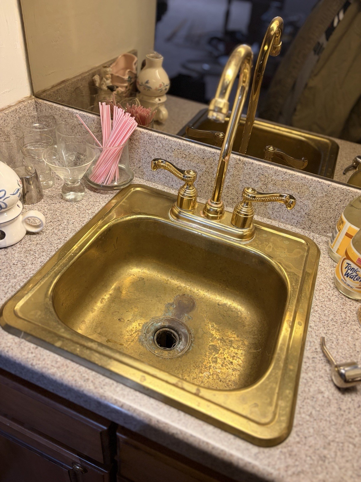 Antique Solid Brass Bar & Prep Sink Delta Brass Faucet & Vance Hardwood Basin