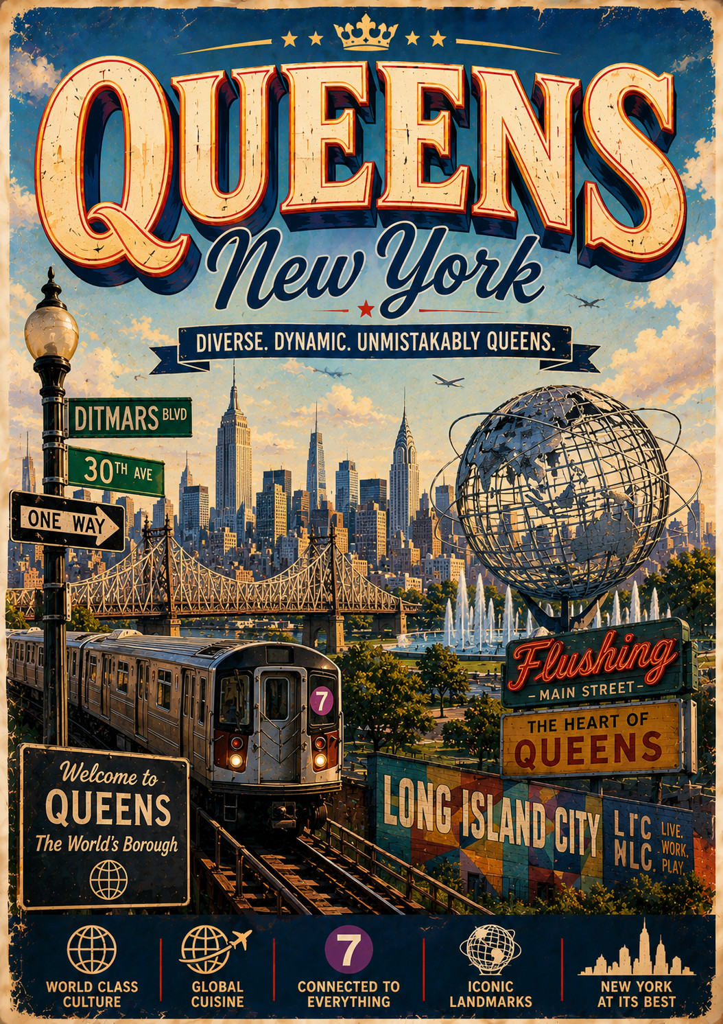 Queens NY New York City Poster Retro Coastal Wall Art Print 13\