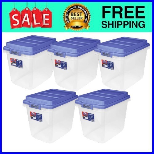 Hefty HI-RISE 32 Qt Storage Bin Clear Blue Lid 5-Pack Ship From USA