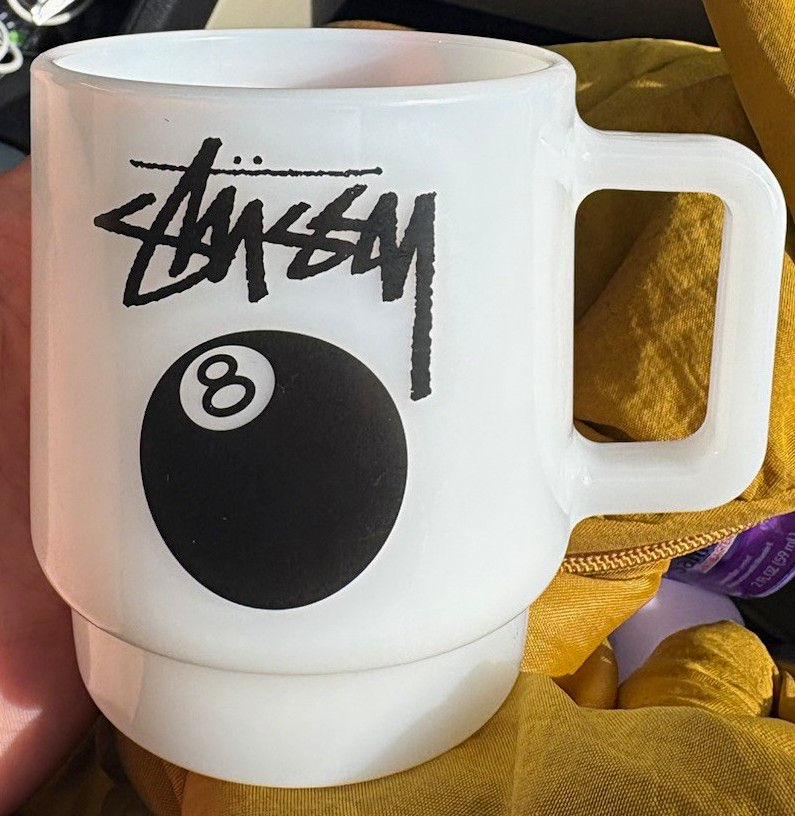 Stussy 8 Ball White Milk Glass Coffee Mug 8 fl oz Graphic Print